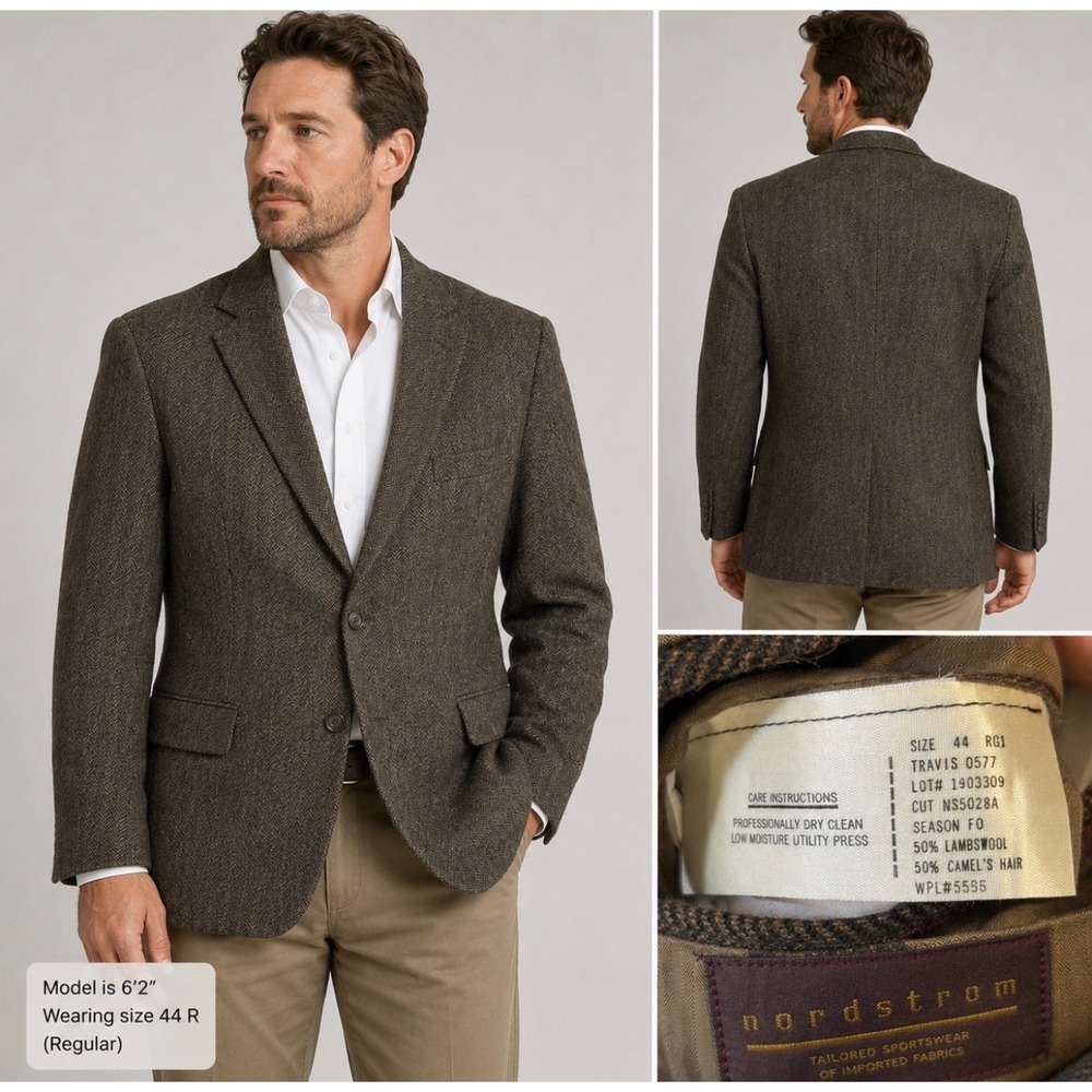 Nordstrom Mens Brown Herringbone Blazer Wool Camel Hair Sport Coat Canada 44 R